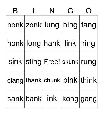 -NG AND -NK GLUED SOUNDS BINGO Card