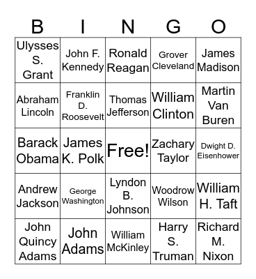 US Presidents BINGO Card