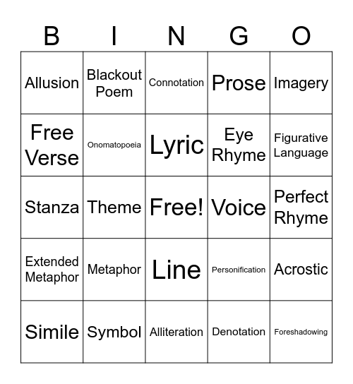 Poetic Devices Bingo Card