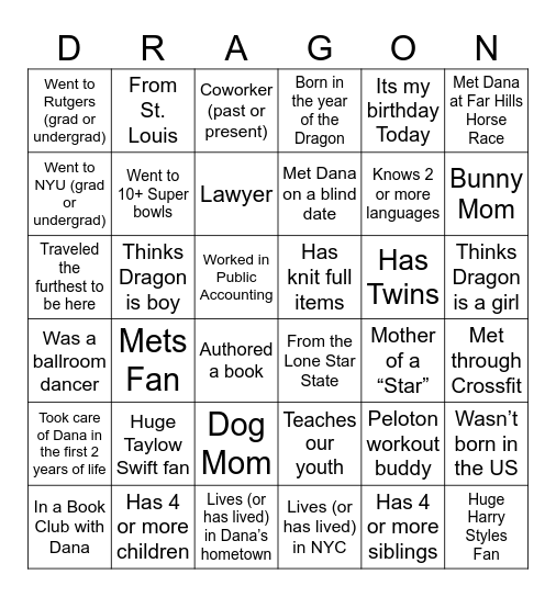 Dragon Bingo Card