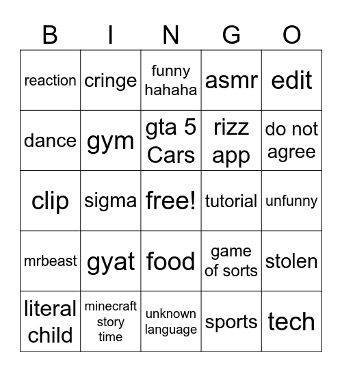 yt shorts cuh Bingo Card