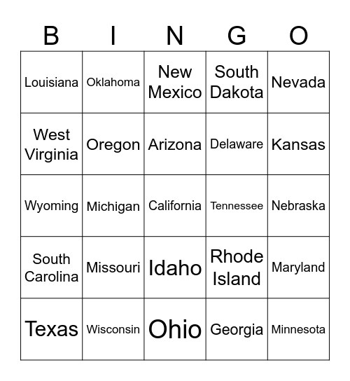 State Songs Bingo Card
