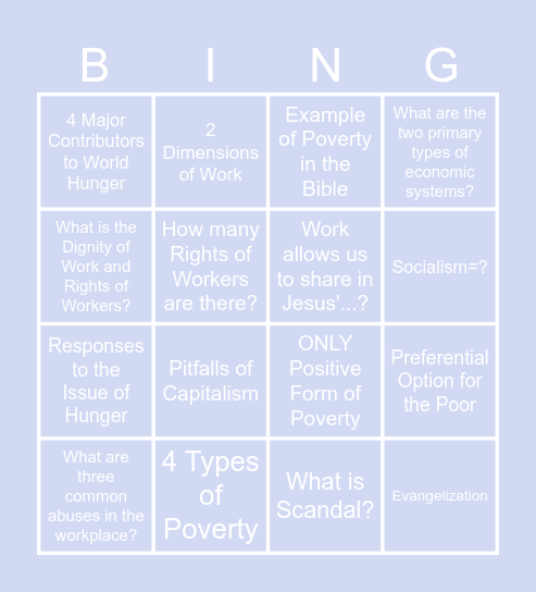 Preferential Option for the Poor and Vulnerable Bingo Card