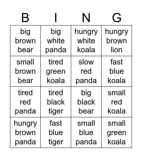 3 word Bingo Card