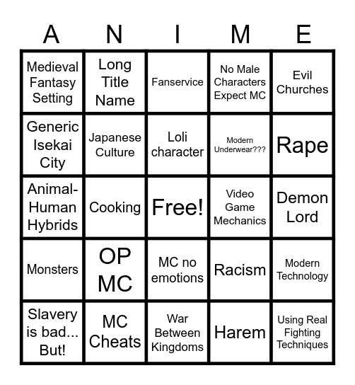 Fantasy Anime Bingo Card