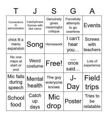 tjhsst sga speeches 2024 bingo board!!! Bingo Card
