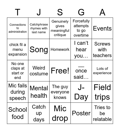 tjhsst sga speeches 2024 bingo board!!! Bingo Card