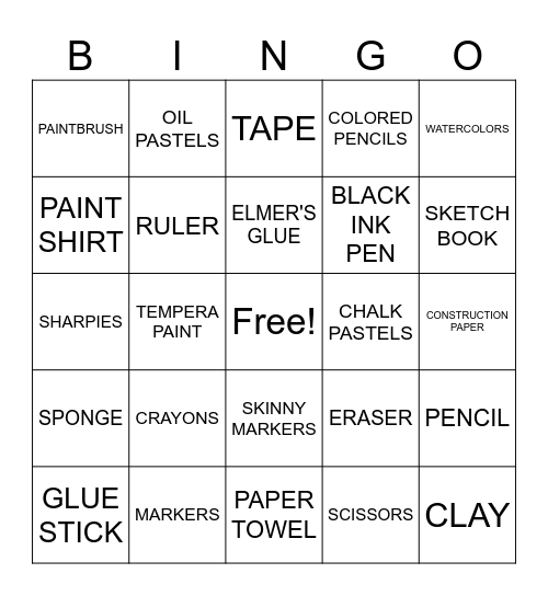 ART SUPPLIES Bingo Card