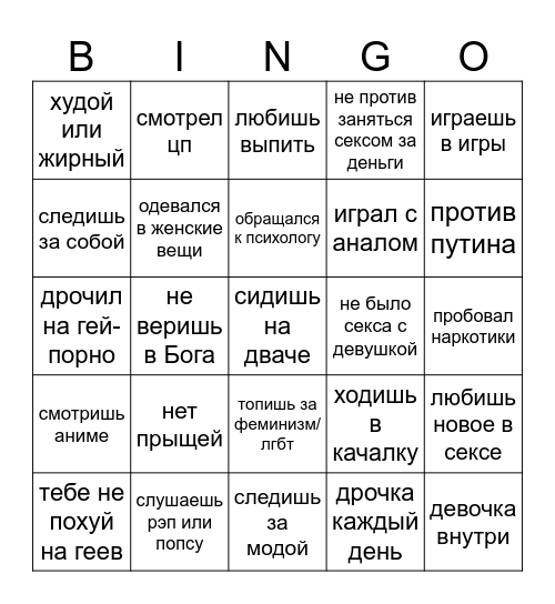 Гей-бинго (с двача) Bingo Card