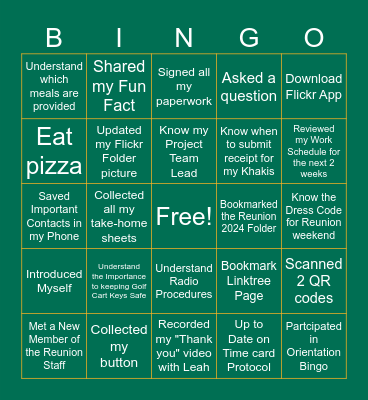 Reunion 2024 Student Staff Orientation Bingo Card