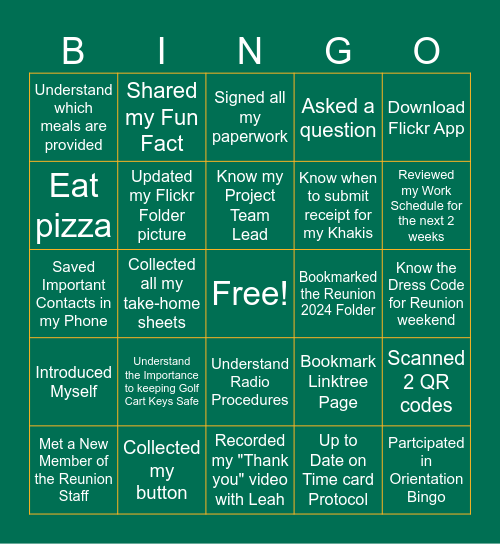 Reunion 2024 Student Staff Orientation Bingo Card