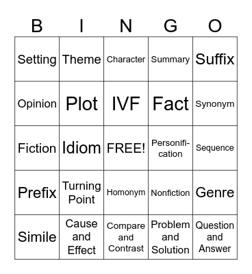 Language Arts Bingo Card