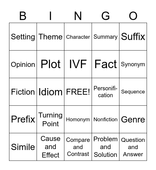 Language Arts Bingo Card