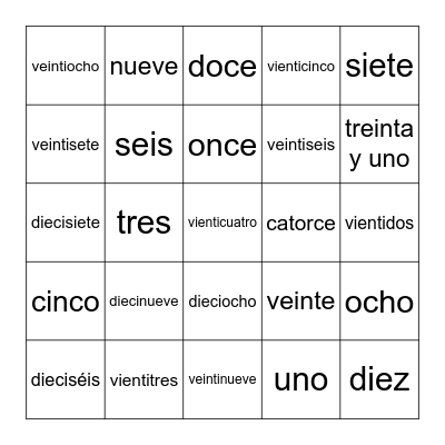 Números 1 - 31 Bingo Card