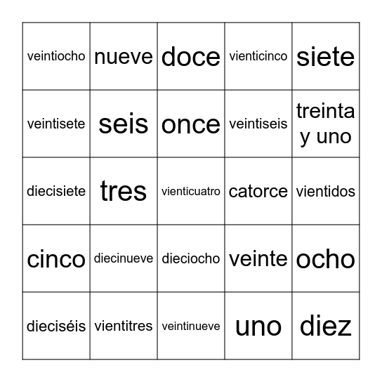 Números 1 - 31 Bingo Card