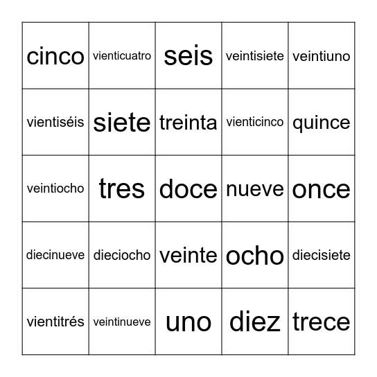 Números 1 - 31 Bingo Card
