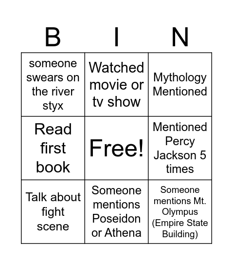 Percy Jackson Bingo Card