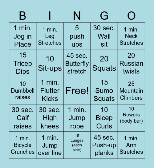 BINGO WORKOUT Bingo Card