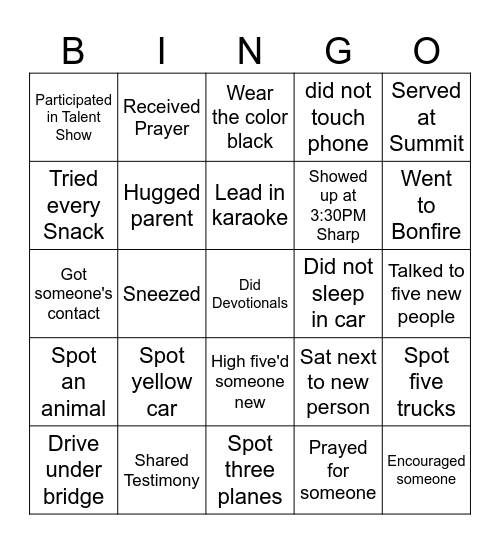 ROAD TRIP Bingo Card