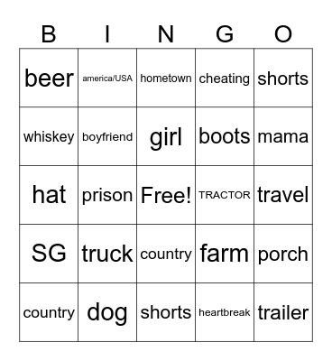 Country Song Bingo Card