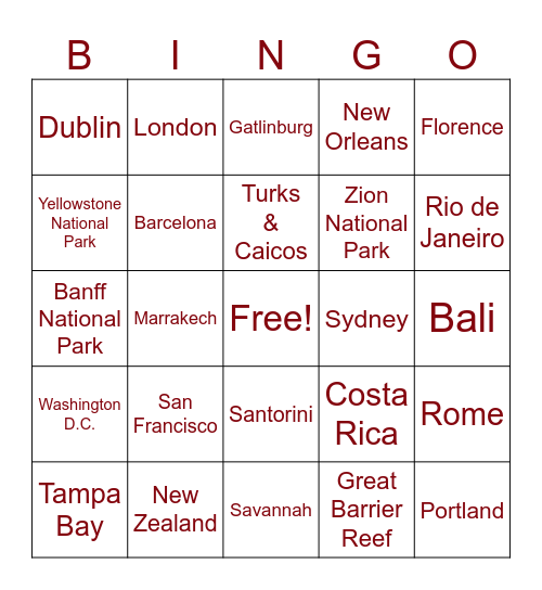 Vacation Bingo Card