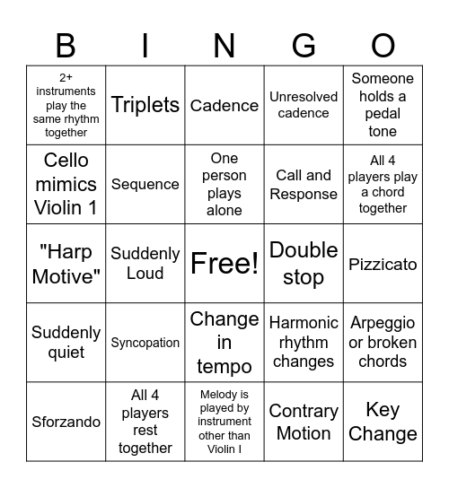 Beethoven "Harp" Quartet BINGO Card