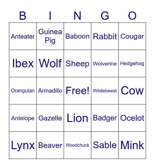 What's Your Favorite Animal Bingo Card