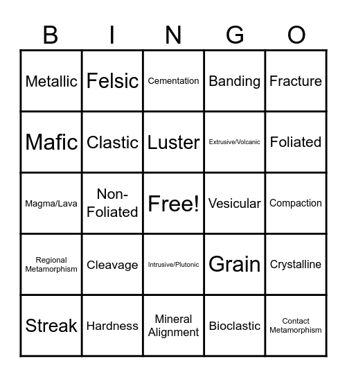 Rock Bingo Card