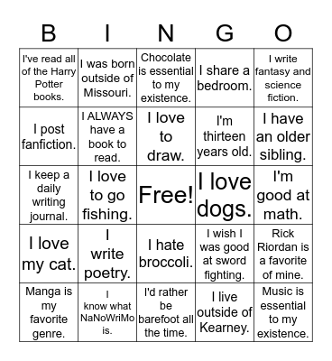 Writers' Workshop Bingo Card