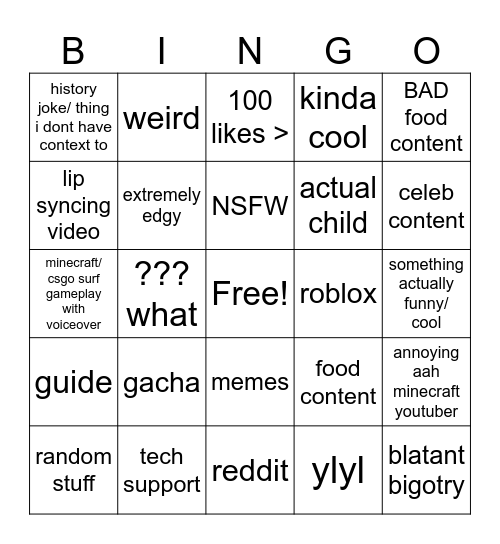 youtube shorts bingo Card