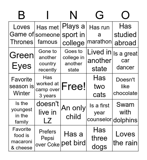 Camp Counselor Bingo Card