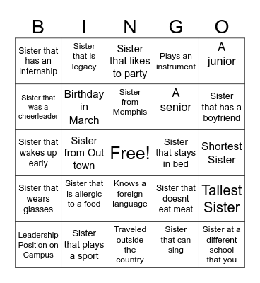 Sisterhood Bingo Card