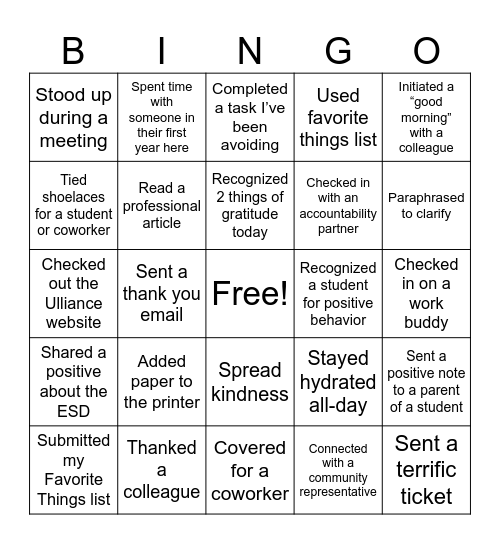 ESD Bingo Card