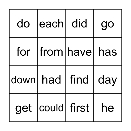 Sight Words Bingo Card