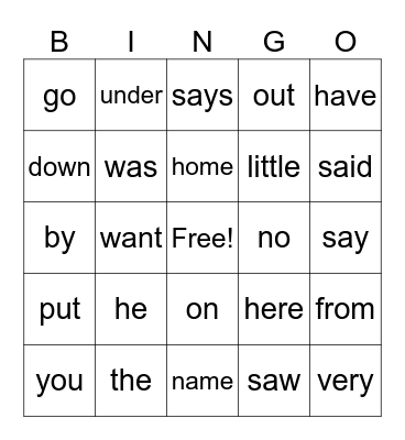 First grade Sight words Bingo Card