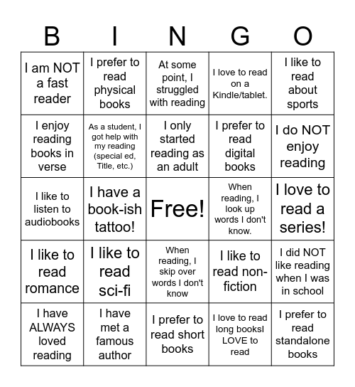 Staff Reading BINGO Card