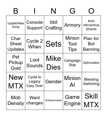 Last Epoch Dev Stream Bingo Card