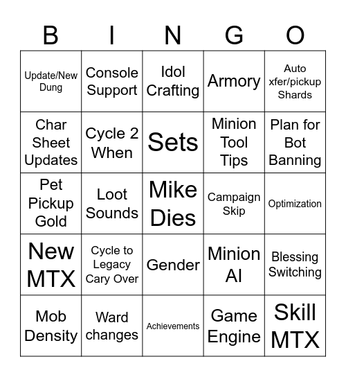 Last Epoch Dev Stream Bingo Card
