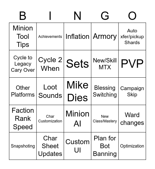 Last Epoch Dev Stream Bingo Card