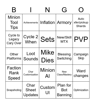 Last Epoch Dev Stream Bingo Card
