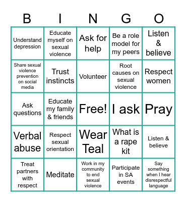 Sexual Assault Awareness Bingo Card