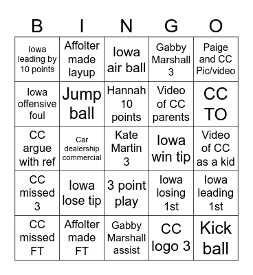 Iowa Women's Basketball Bingo Card