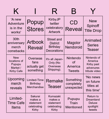 Kirby's Birthday '24 Bingo Card