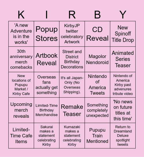 Kirby's Birthday '24 Bingo Card