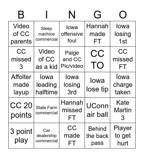 Iowa Women's Basketball Bingo Card