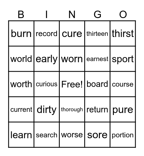 Spelling Words Bingo Card