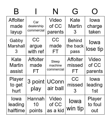 Iowa Women's Basketball Bingo Card