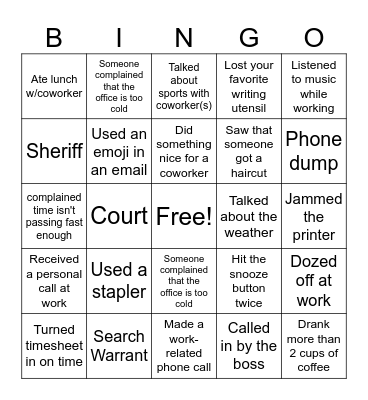 Workplace Bingo Card