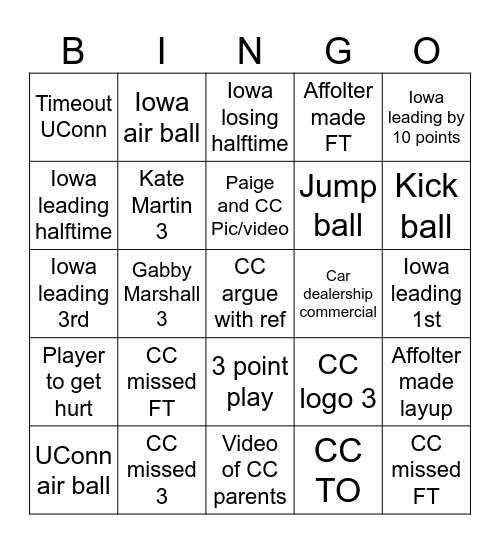 Iowa Women's Basketball Bingo Card