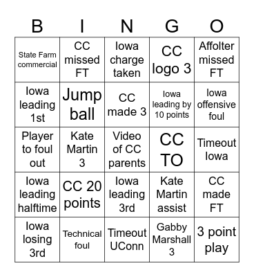 Iowa Women's Basketball Bingo Card